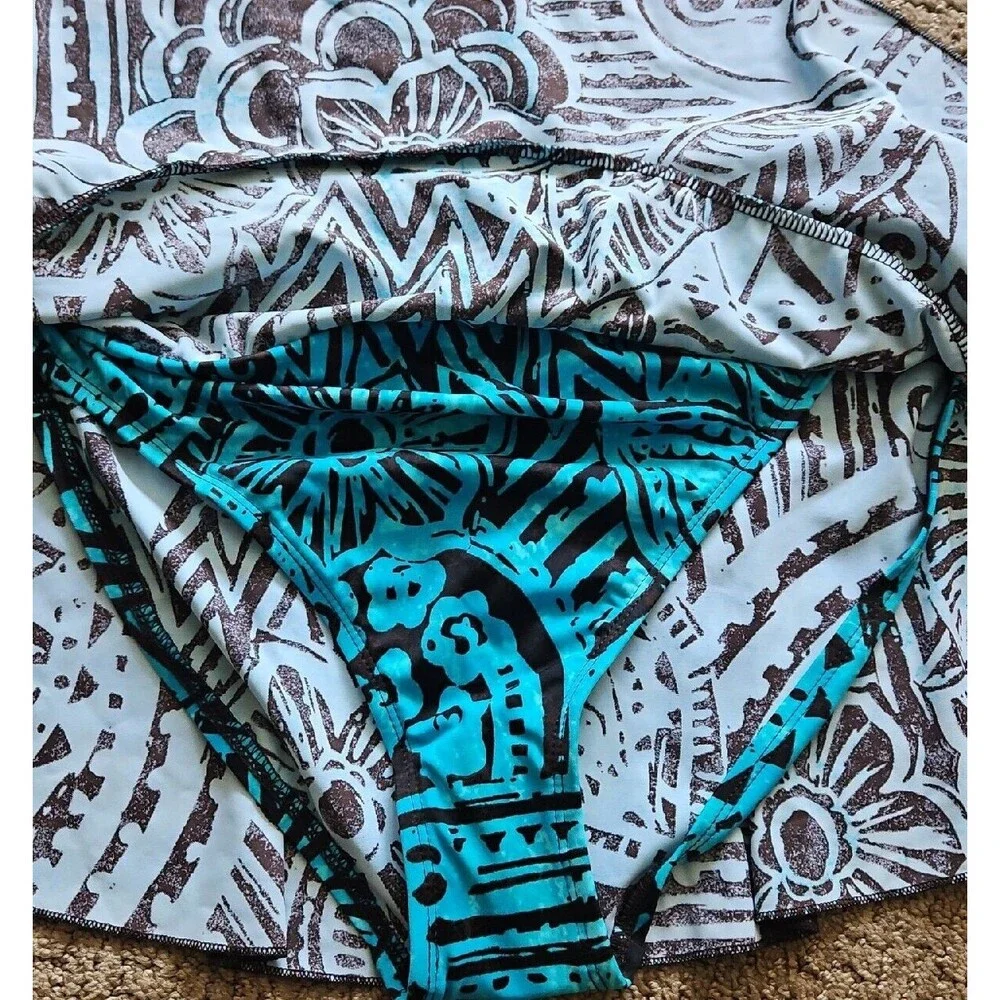 NWT 24th & Ocean Turquoise Brown Mid Waist Skirted Hipster Bikini Swim Bottom XL - Picture 7 of 10